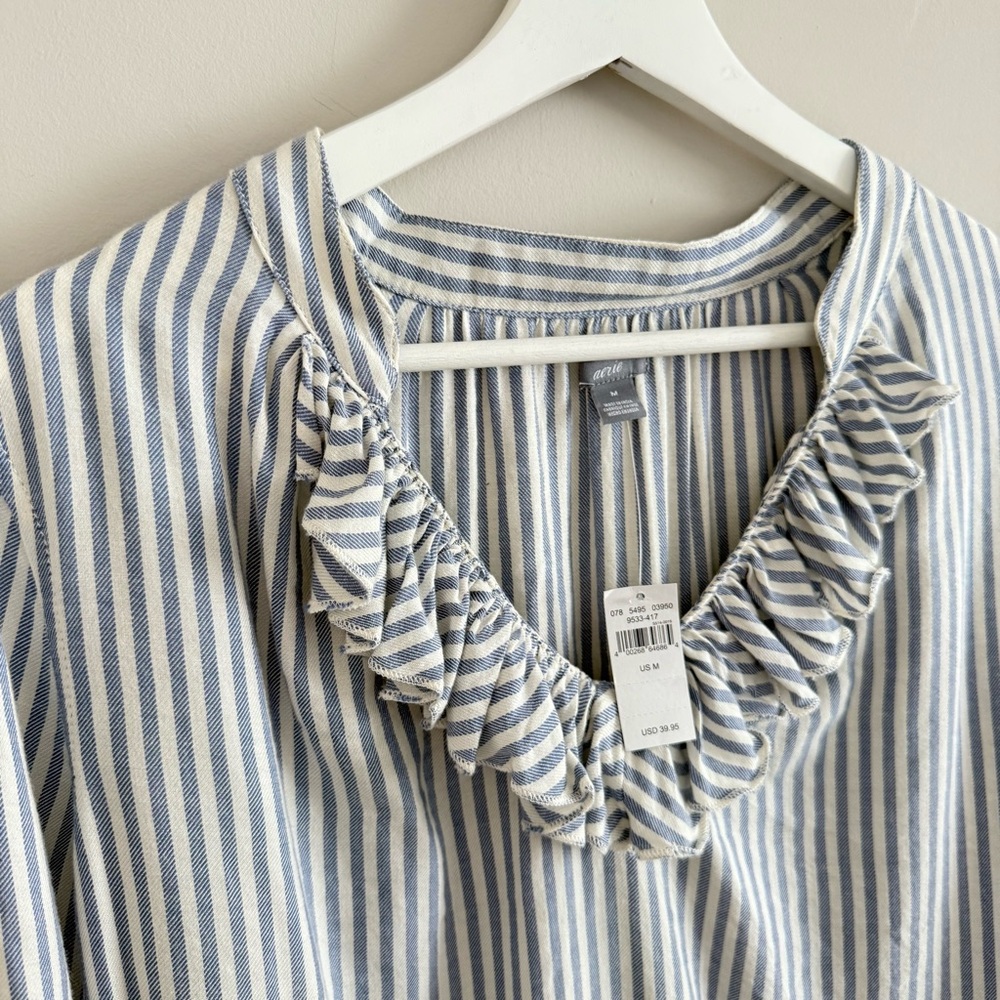 Aerie Striped Ruffle Trim Long Sleeve Tunic Blouse Top Medium New - Picture 3 of 8